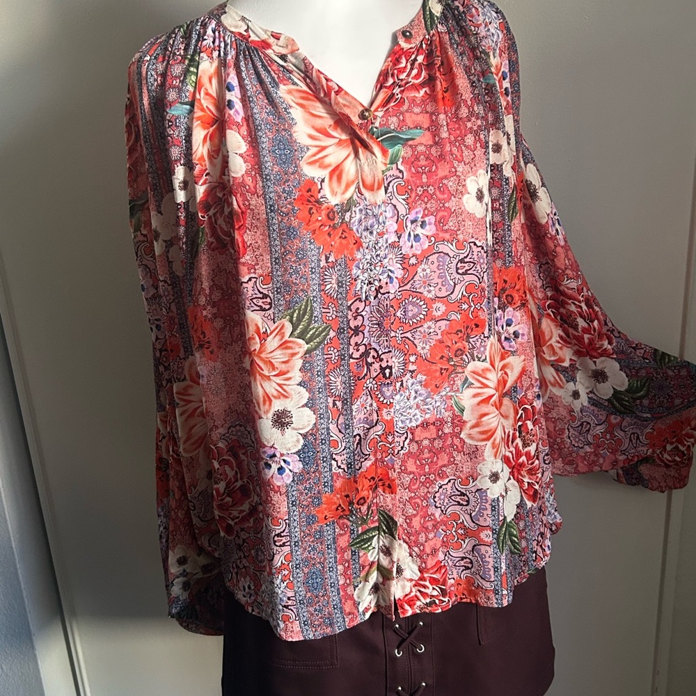 Johnny Was Jade Ingrid Multicolor Floral Batwing Notch Neck Boho Flowy Blouse - Picture 3 of 12